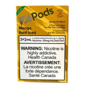 Z pods STLTH Compatible - Mango Burst Iced - Supreme Nic Blend 20MG with 50MG Throat Hit