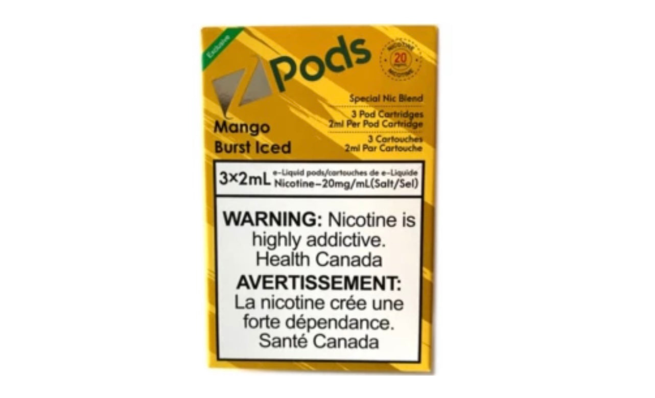 Z pods STLTH Compatible - Mango Burst Iced - Supreme Nic Blend 20MG with 50MG Throat Hit