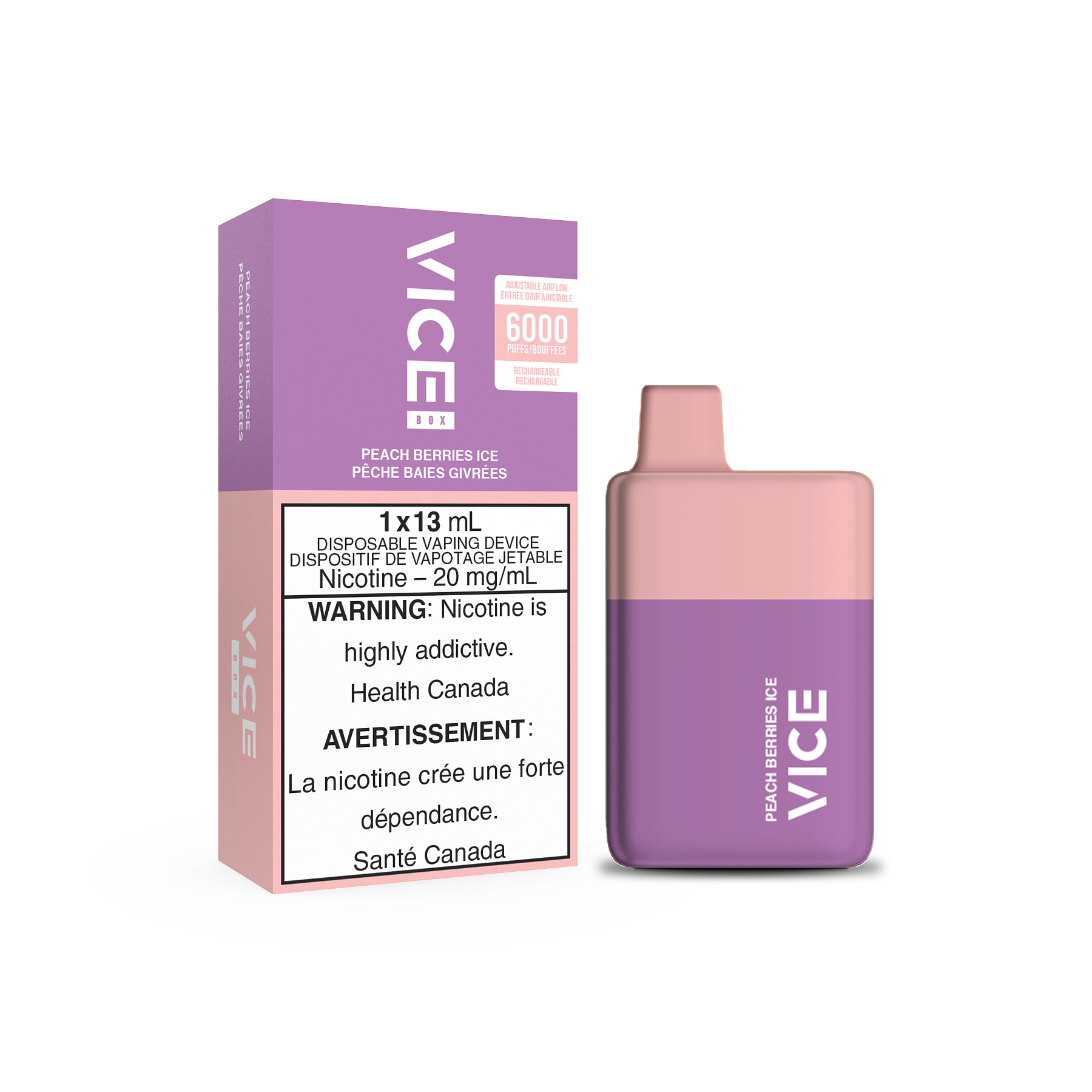 Vice Box Rechargeable Disposable Vape - 6000 Puffs - Peach Berries Ice - Zero Nicotine - 0MG