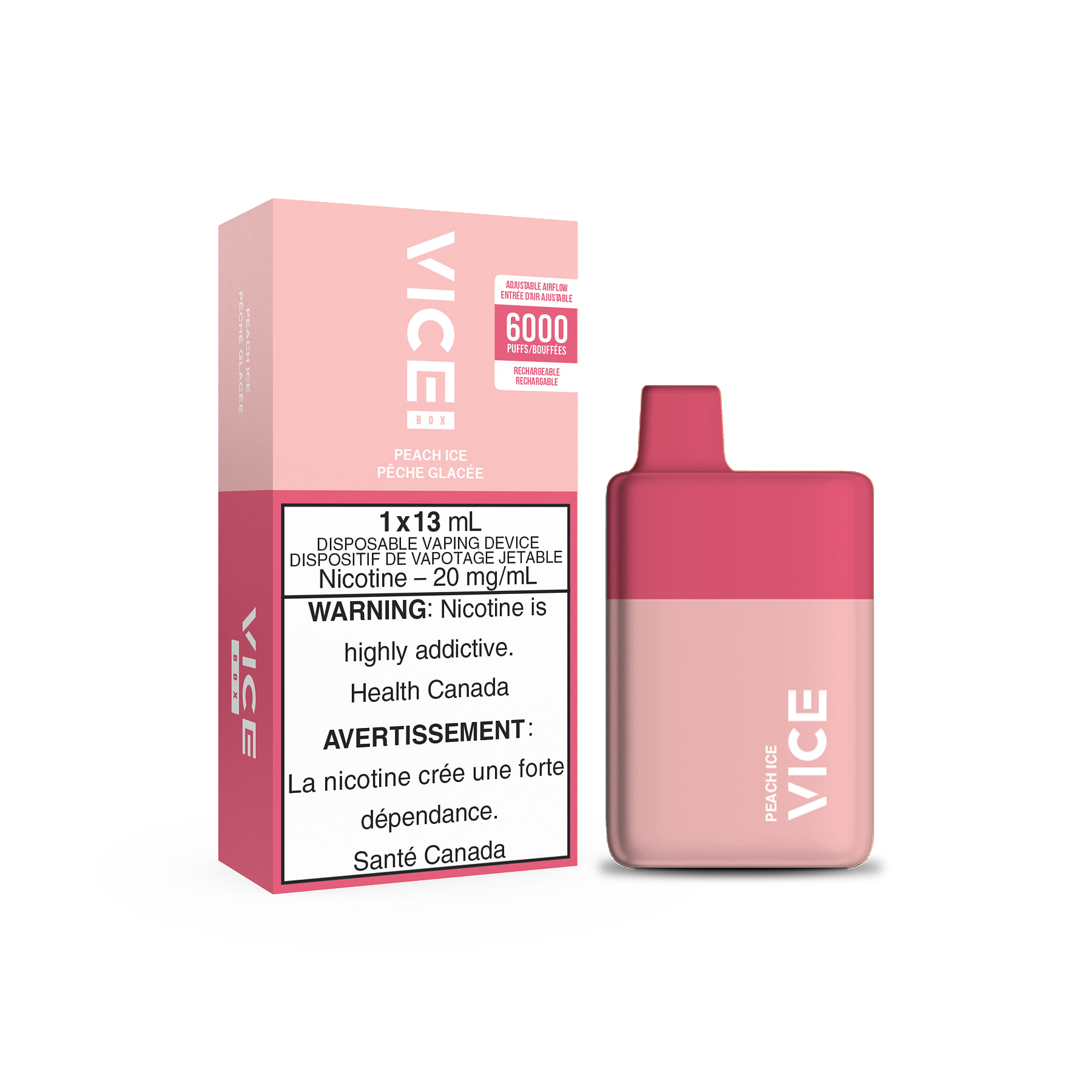 Vice Box Rechargeable Disposable Vape - 6000 Puffs - Peach Ice - Nicotine Free - 0MG